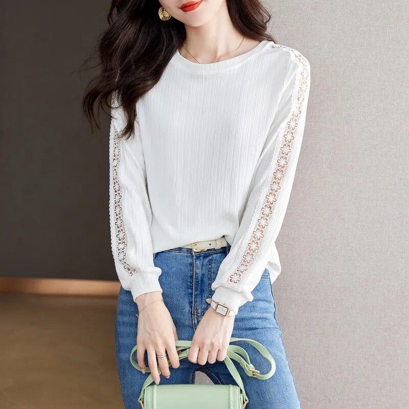 

2023 модная белая кружевная простая рубашка, женская осенняя элегантная рубашка с круглым вырезом и длинными рукавами, полые офисные женские блузки, одежда Blusas 29320 XXL белый