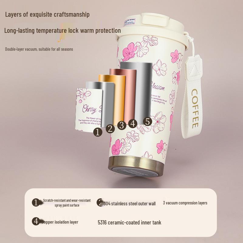 Konvalinka Nerezový Izolovaný Cestovní Hrnek - Dámský Dvojitý Nápojový Hrnek na Kávu a Vodu, Vysoce Hodnotný Tištěný Design