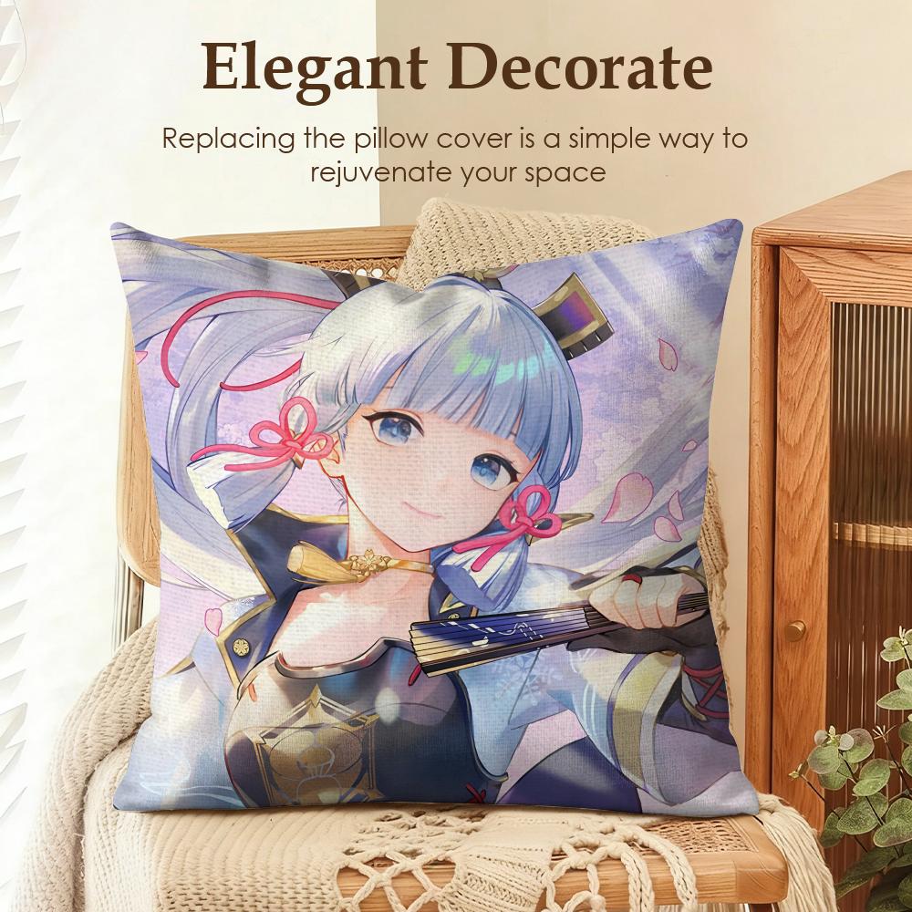 Kamizato Ayaka Genshin Impact Cushion Cover Natural Linen Organic Fabric DoubleSided Printing Sofa Home Decor Gift Pillow Case