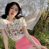 Sommer Vintage Lustige Cartoon Schwarz T-Shirt Damen O-Ausschnitt Kurzarm Reine Baumwolle T-Shirts Lässig Elastisch Skinny y2k Crop Tops Damen Kleidung
