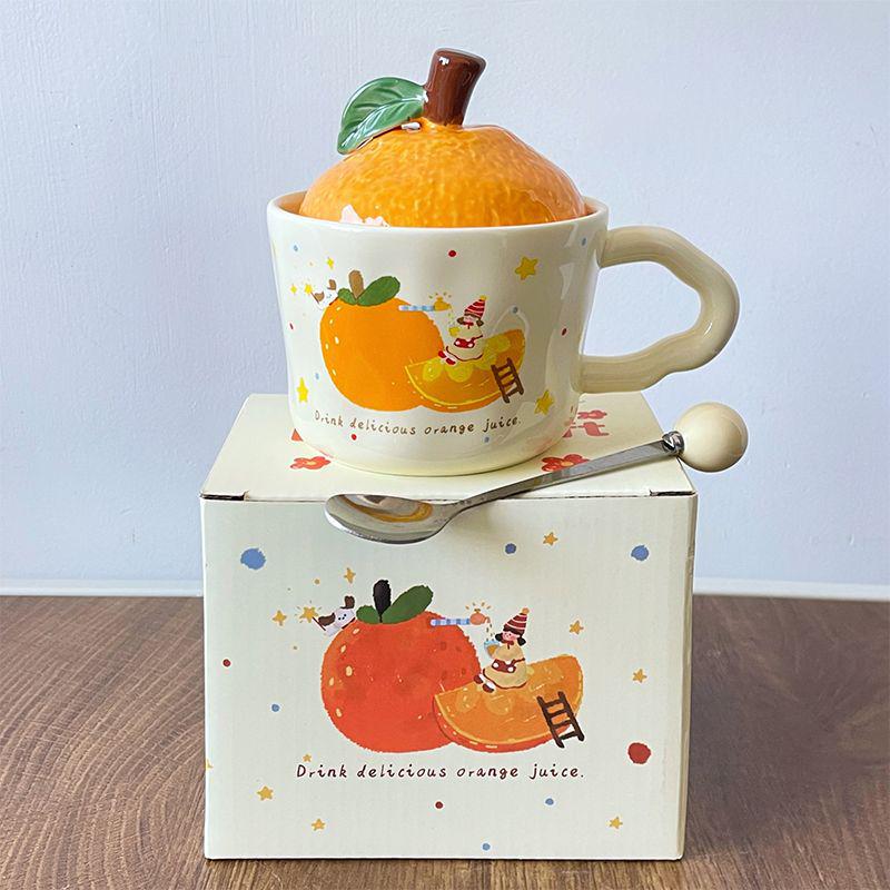 Large Orange Ceramic Mug with Lid & Spoon - Cute Gift for Girls & Best Friends, Perfect Birthday or Practical Souvenir.