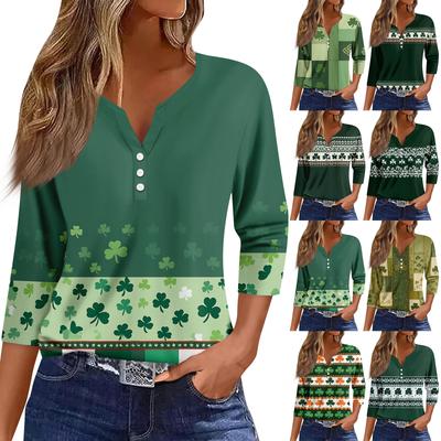 Women's Fashion Button-Up V-Neck Three-Quarter Sleeve Valentine's Day Print Top