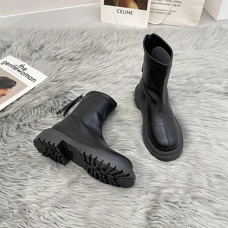 

2024 осень-зима, женские высокие сапоги из искусственной кожи, женские ботинки на молнии в стиле рыцаря на плоской подошве, модные нескользящие сапоги до колена на высоком каблуке Size 35(foot 22.5cm)