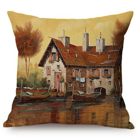 Hermoso Paisaje Rural Cabaña Feliz Recuerdo de la Infancia Pintura al Óleo Funda Decorativa para Cojín de Sofá Funda para Cojín de Coche Cojines