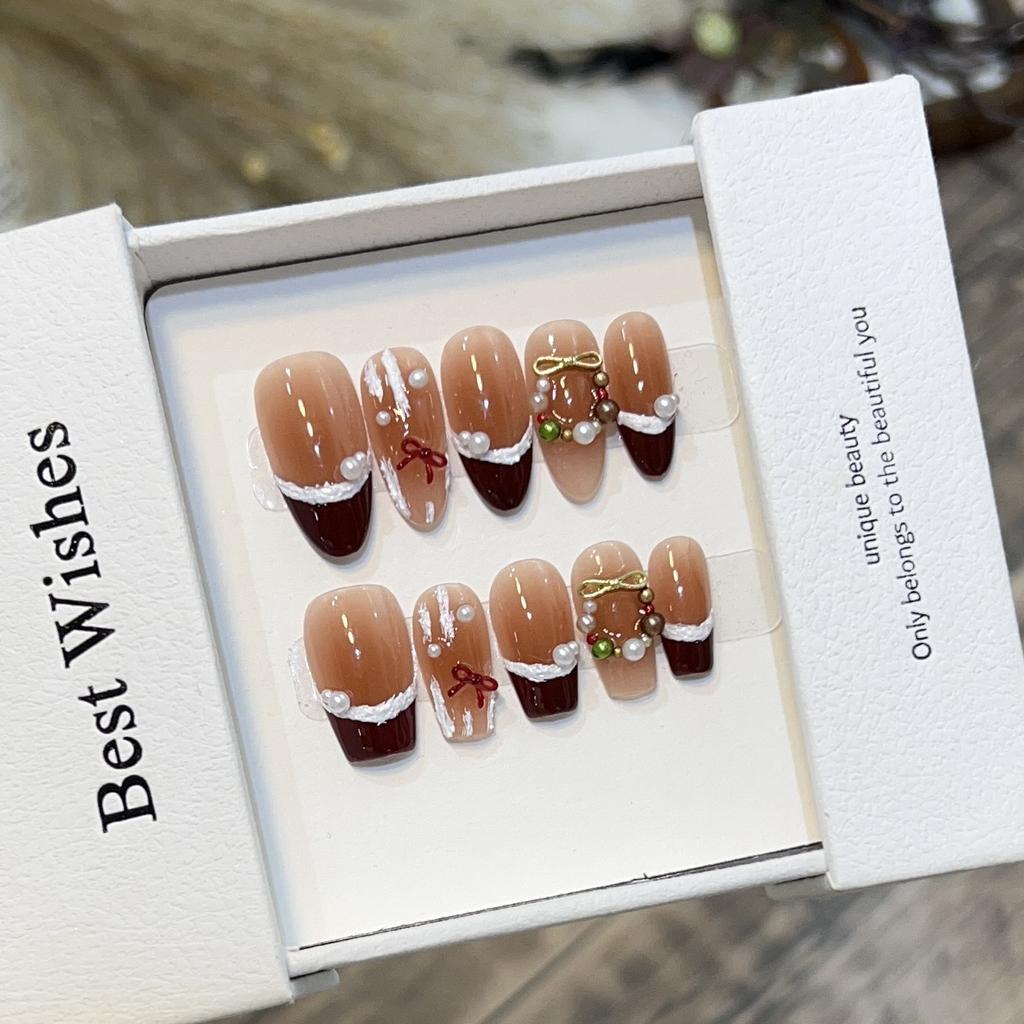 New Year Christmas Wearing Armor High-end Nude Cheek Burgundy French Gypsum Nail Art Bow Fake Nail Removable