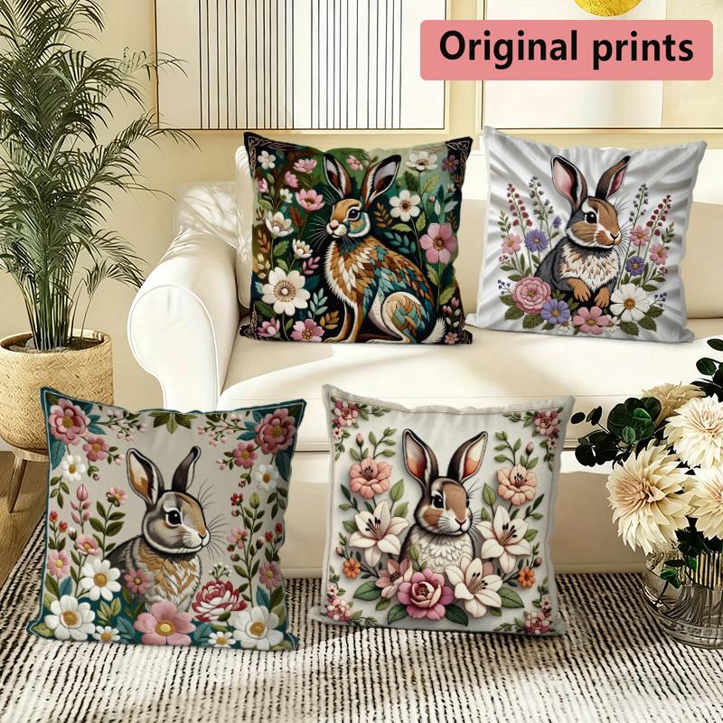 Vintage Floral Rabbit Decorative Throw Pillow Covers Pattern Cushion Cover Suitable For Sofa Bedroom Car Pillow Cover