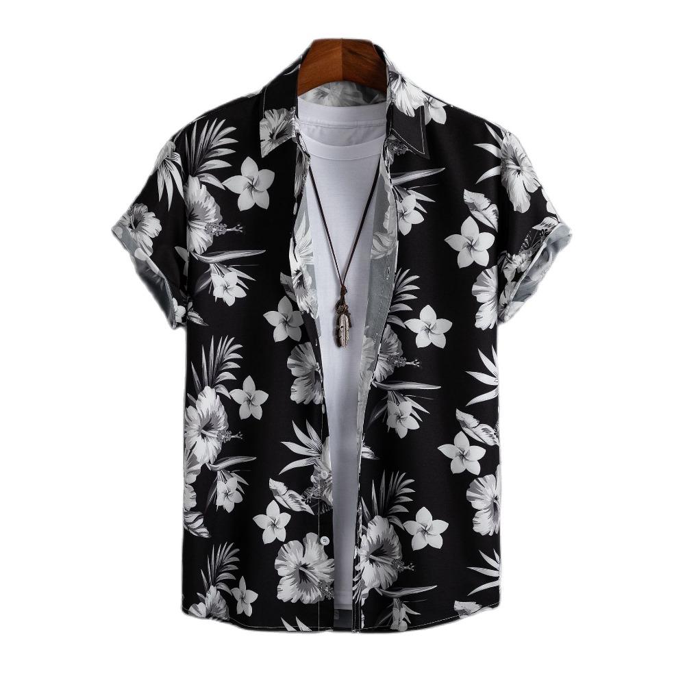 2025 Hawaiian Shirt Men's Fashion Floral Geometric Print Blouse Single-breasted Beach Short-sleeved Blouse Men's Vacation Clothing