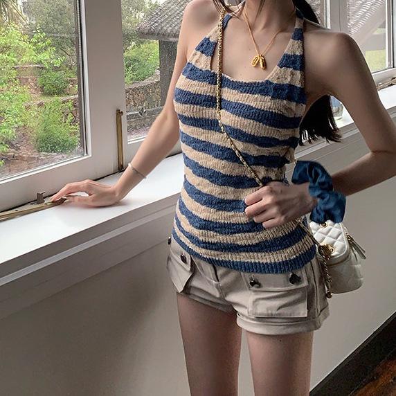 

Miss Titi Sea Salt Cool Breeze Ice Silk Backless Striped Halter Camisole S Snow T size