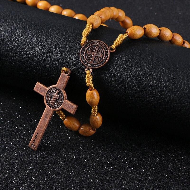 1 ST Handgemaakte Geweven Sint Benedictus Medaille Antiek Houten Rozenkrans Kruis Ketting Vintage Katholiek Religieus Jezus Sieraden