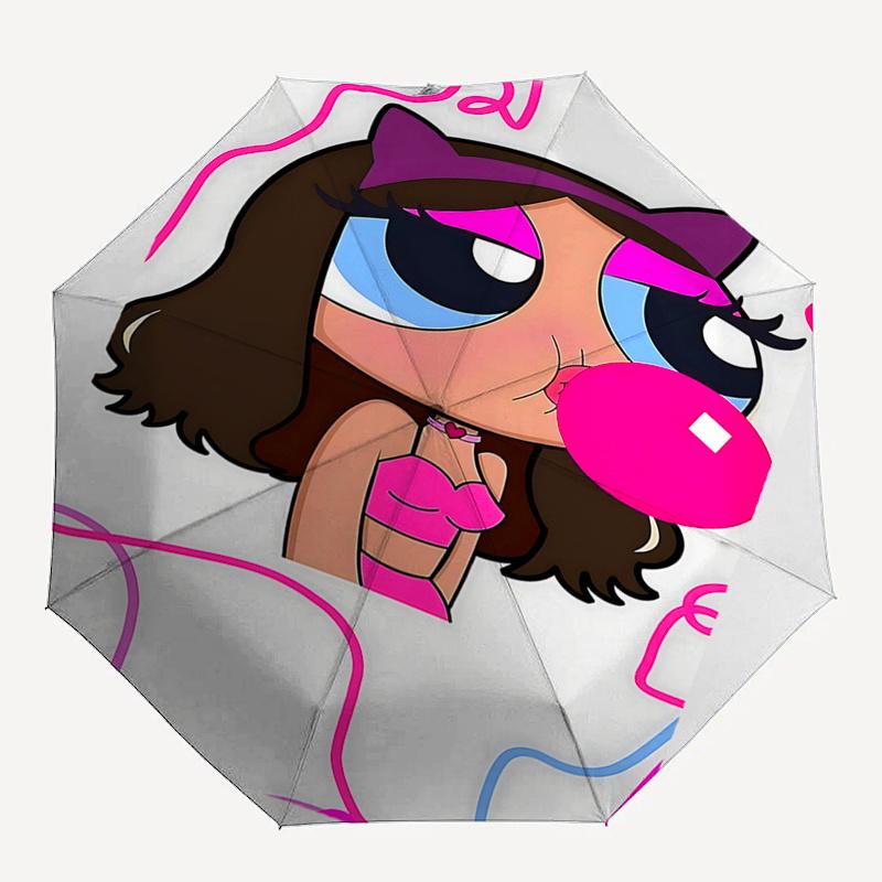 Pink Bubblegum Powerpuff Girl Umbrella Automatic Open/Closed Rain Gear with 3 Fold Design and Iron Frame for Outdoor Use, Perfect Gift for F