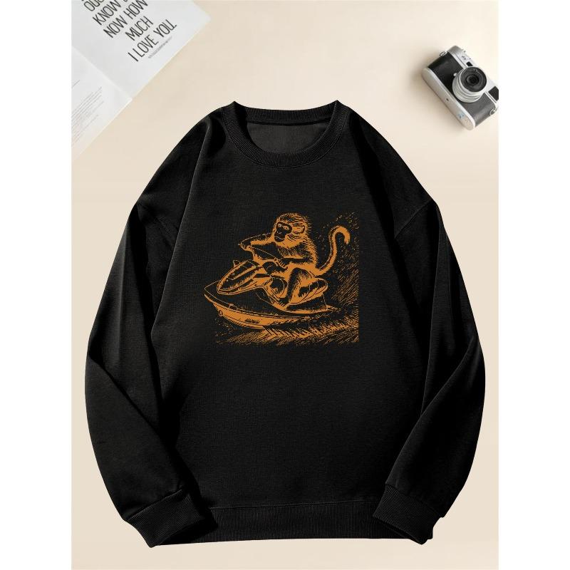 Men'S Monkey Driving Jet Casual Crew Neck Sweatshirt, Loose Fit, Slight Stretch, Solid Color, Relaxed Style, Everyday Wear, Comfortable