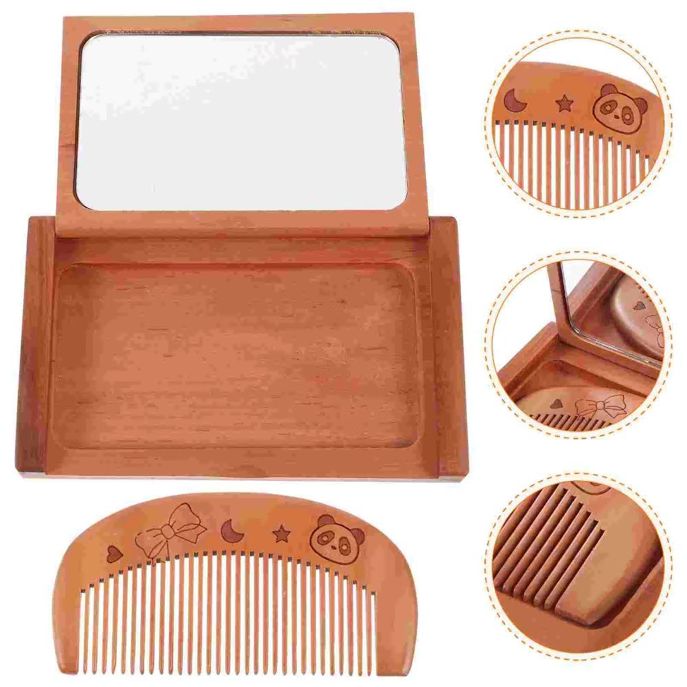 

Peachwood Portable Folding Mirror 2 in 1 Makeup Mirror Durable Wooden Comb Mirror Set Girl Lady Style F