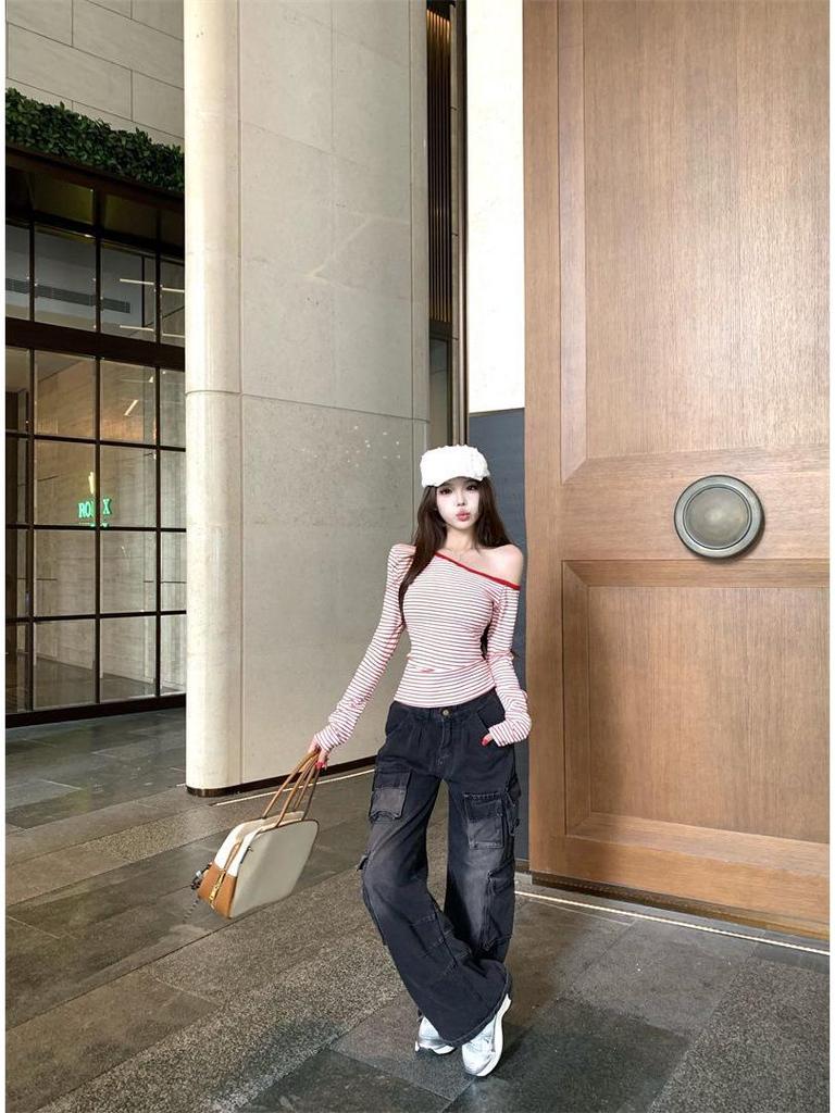 Koreański Jednoramienny Pasiasty Długi Rękaw Dopasowany Codzienny Damski Top