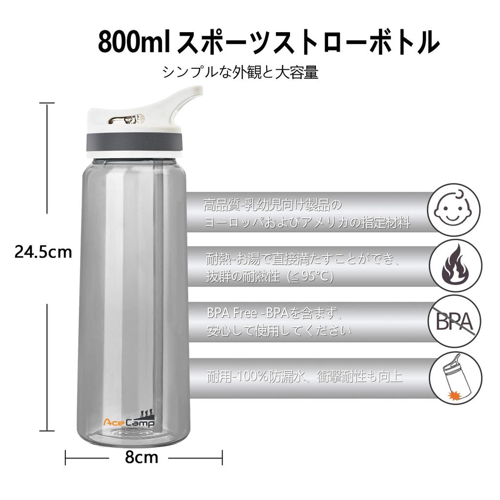 AceCamp BPA-Free 800ml Large Capacity Water Bottle, TRITAN Plastic Straw Bottle, Sports, Gray