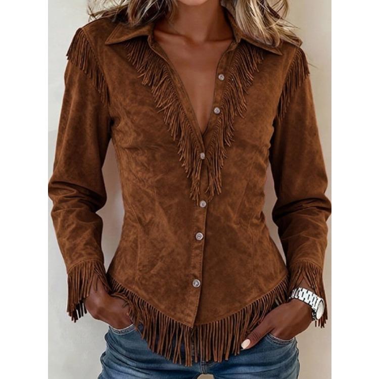 Women's Fringe Shirt Casual Turn-down Collar Single Breasted Long Sleeve Solid Color Blouse