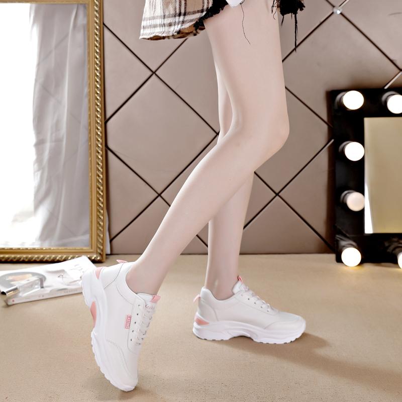 Women PU Leather Chunky Shoes Woman Platform Height Increased Sneakers 4CM Thick Sole Wedges White Casual Comfortable Vulcanized
