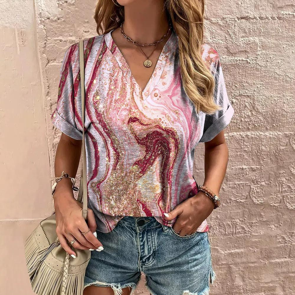 S-8XL Plus Size T Shirt for Women Striped Printed V Neck Short Sleeve Tees Fashion Summer Casual Tops Oversized Daily Streetwear