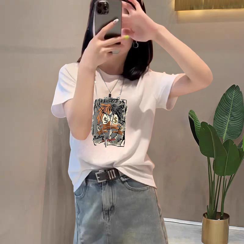 2025 new shoulder pure cotton cartoon short-sleeved T-shirt women's fashion versatile and thin apricot top bottoming shirt summer