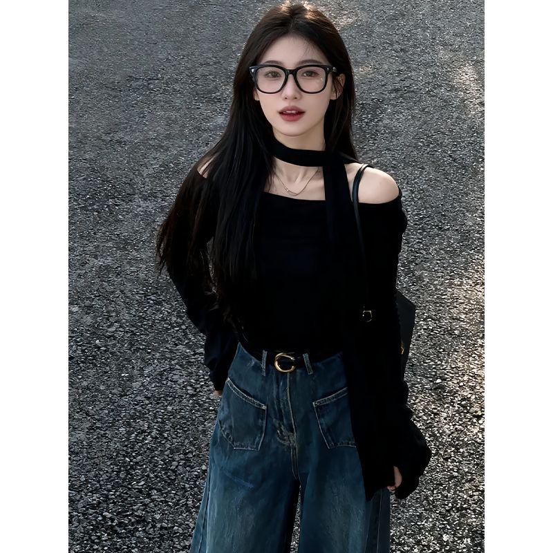 American Black One-Shoulder Ribbed Fleece Long-Sleeve Slim-Fit Women's T-Shirt - New Autumn Design