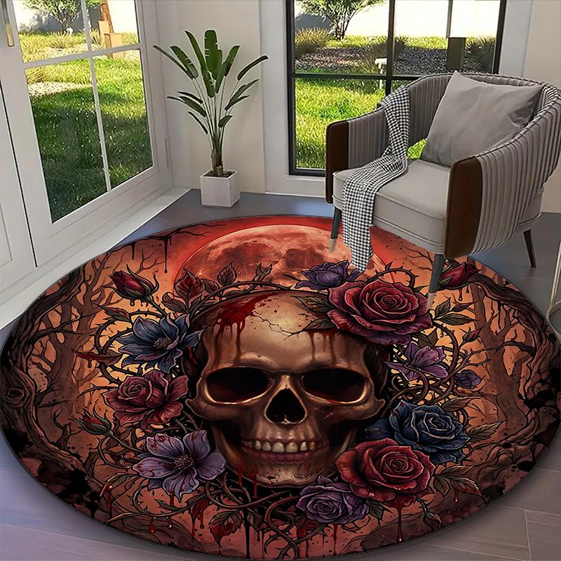 Gothic Dark Rose Skull Bloom Print Round Rug, Multi-functional Office Chair Sofa Carpet, Easy Clean Carpet for Home and Living Spaces