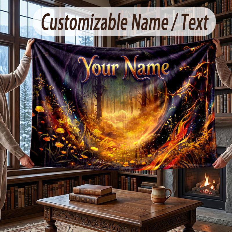 Mushroom Forest Theme Throw Blanket Custom Name Text Personalized Blanket Soft Cozy Blanket for Home Sofa Bed