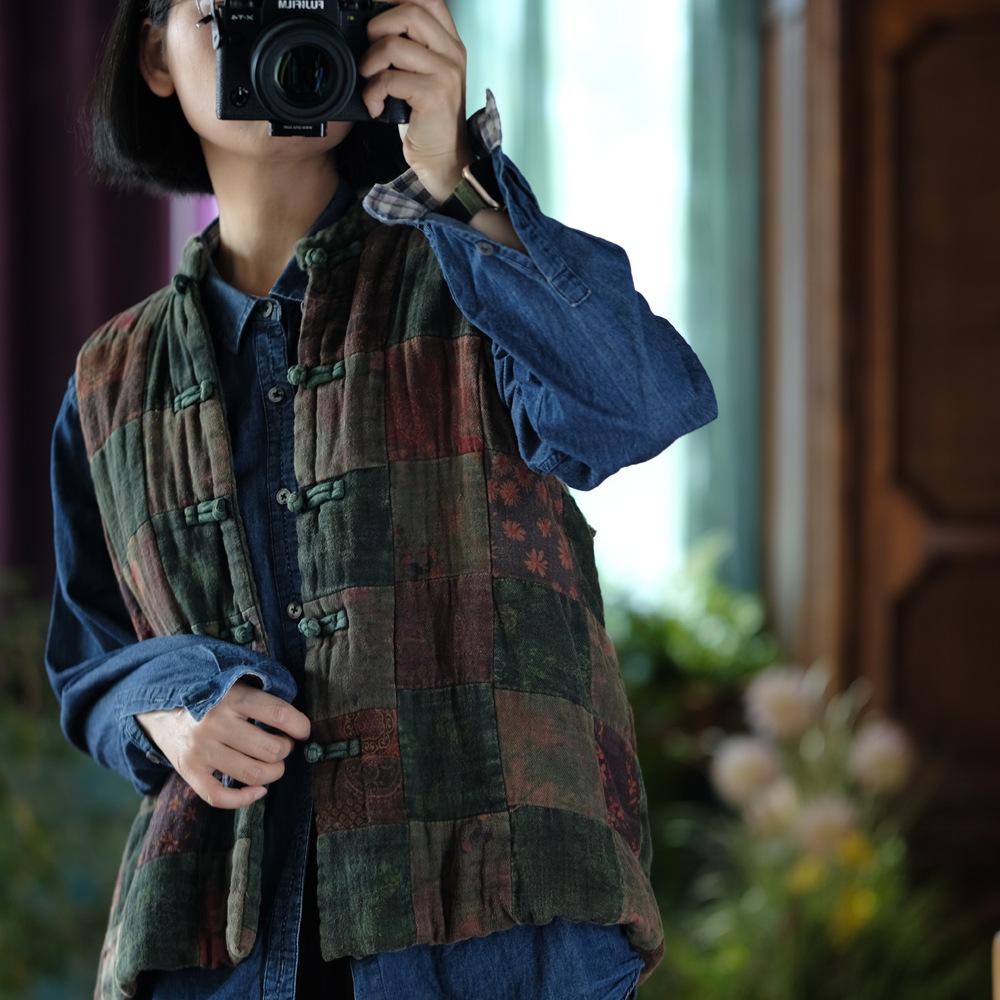 Johnature Dámské vintage patchworkové barevné vesty kabáty knoflík stojáček čínský styl oblečení podzimní vesty kabáty