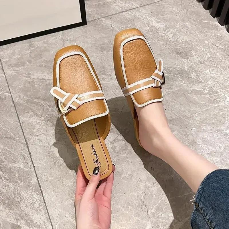 Fashion Black Mules Shoes For Women Slip On Square Heel Slippers Women 2024 New Luxury Designer PU Leather Slides Elegant Office Shoes