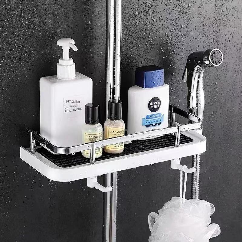Punch-Free Liftable Shower Rod Tray with Hook - Multi-Function Bathroom Storage Rack