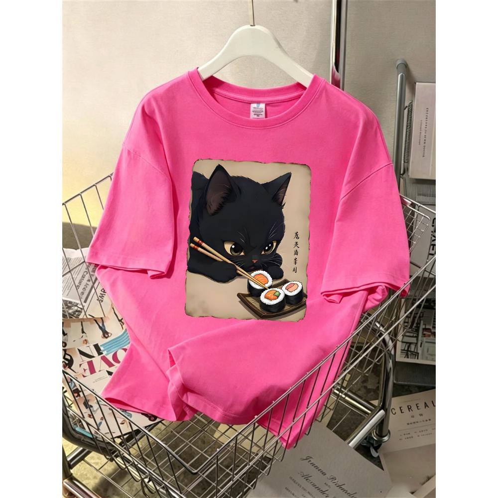 Cute Cat Enjoying Sushi Printing T-Shirts Womens Cotton Summer Oversized Tops O-Neck Short Sleeve T Shirts Street Soft Clothes