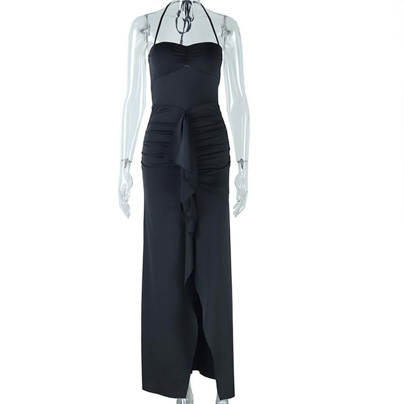 Women's Tight-fitting Halter-neck Dress Solid Color Splicing Sleeveless Dress Halter Sleeve Fold Midwaist Irregular Dress