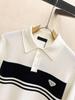 European Men's Luxury Knit Polo with Stripe Patchwork and Triangle Logo