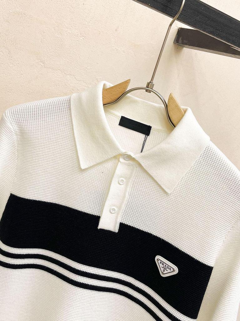 European Men's Luxury Knit Polo with Stripe Patchwork and Triangle Logo
