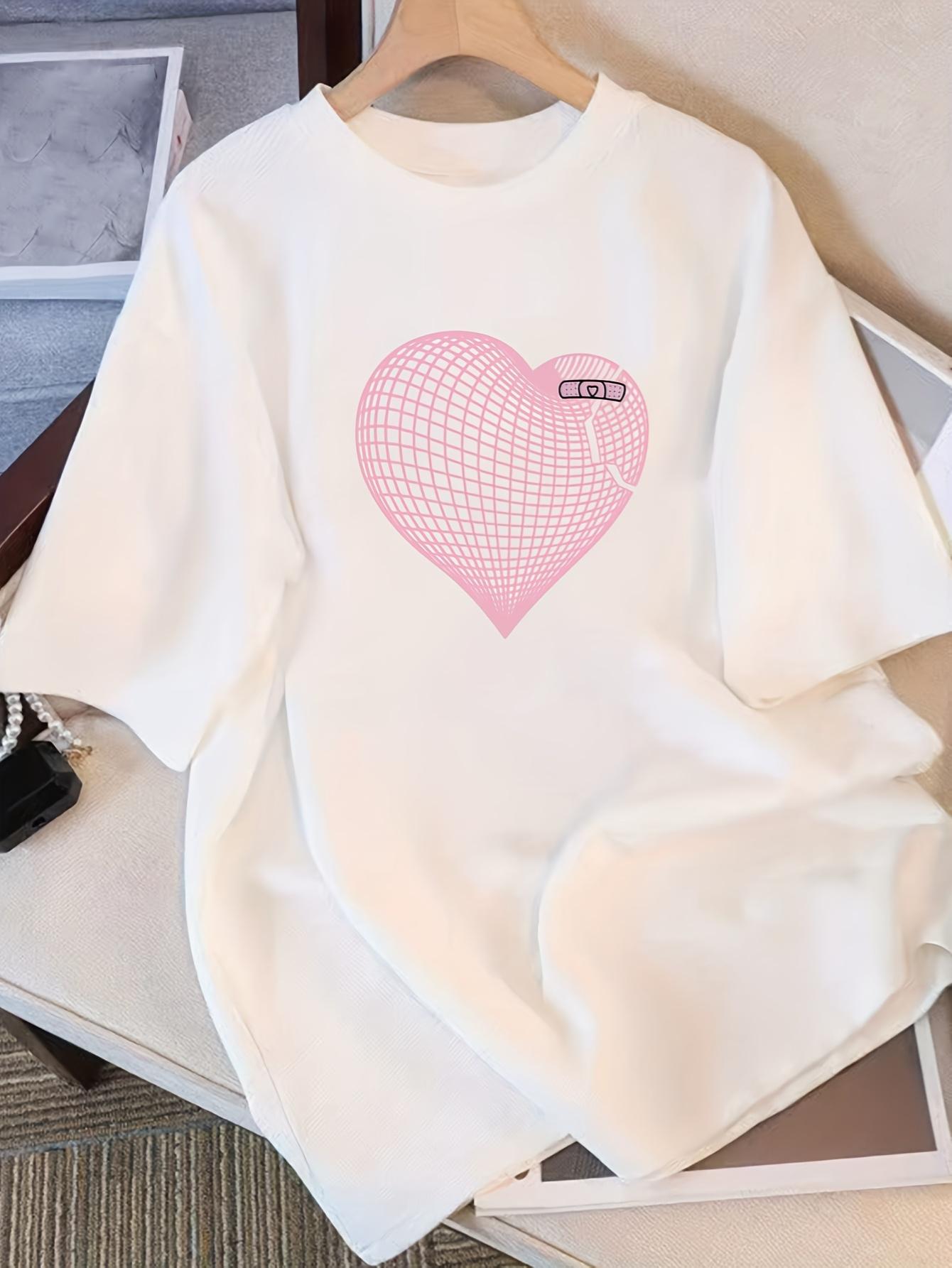 

European size Valentine s Day Limited Women s White T-shirt, Love Letter Print Loose Round Collar, Skin-friendly and Breathable 4XL