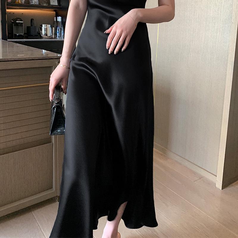 Elegant Chinese Satin Sleeveless Summer Dress with Waist-Cinching Slim Fit and Versatile Slit Skirt