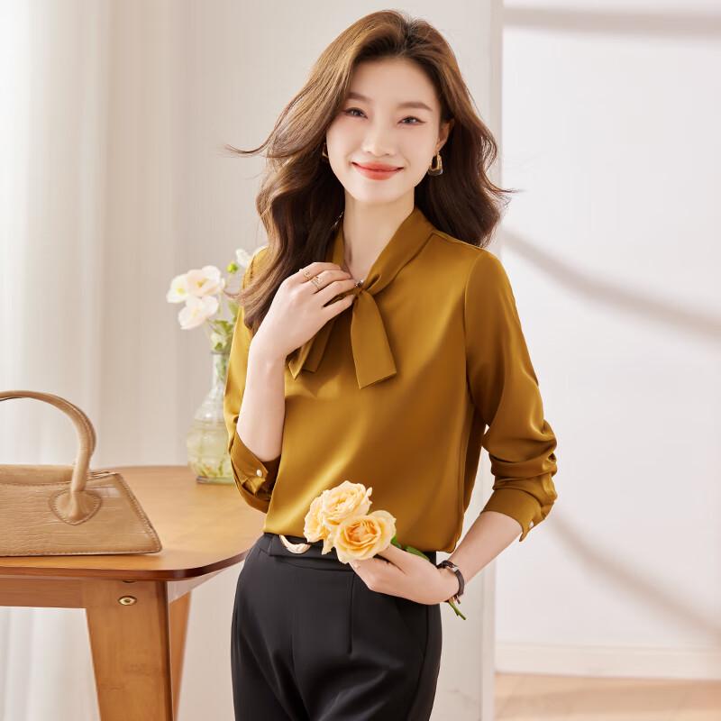 Treloman Women s V-Neck Long Sleeve Blouse with Scarf Tie S