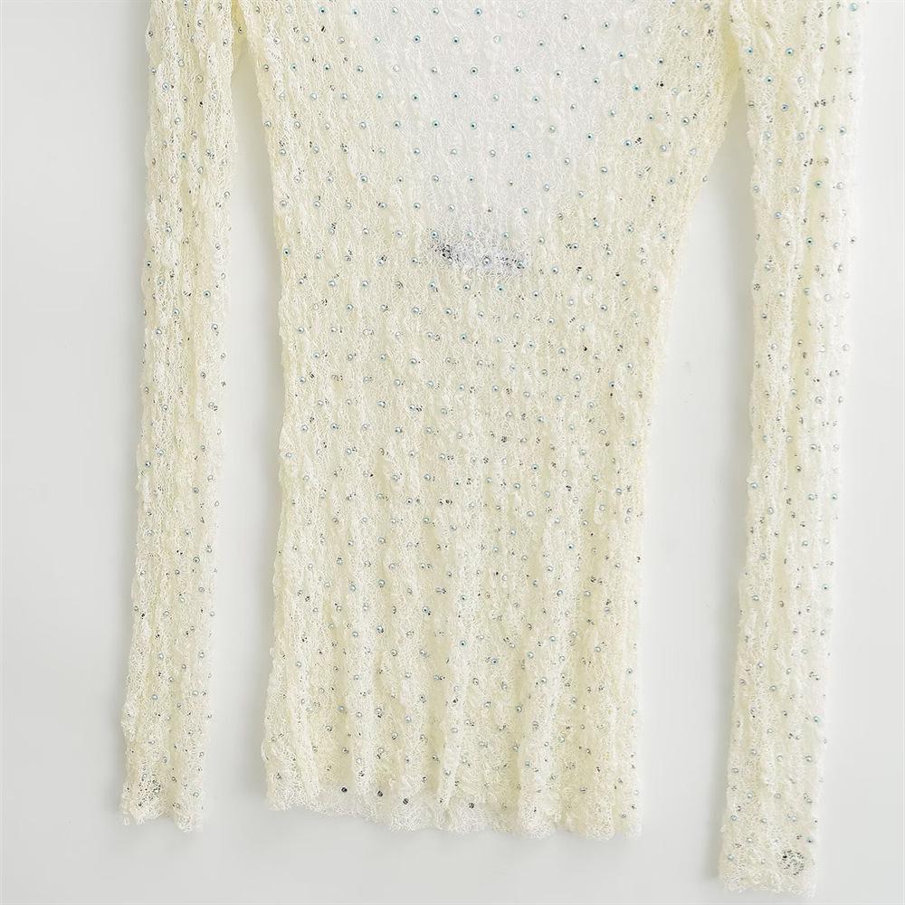 2025 Spring Women's Rhinestone Lace Long-Sleeve Slim-Fit T-Shirt