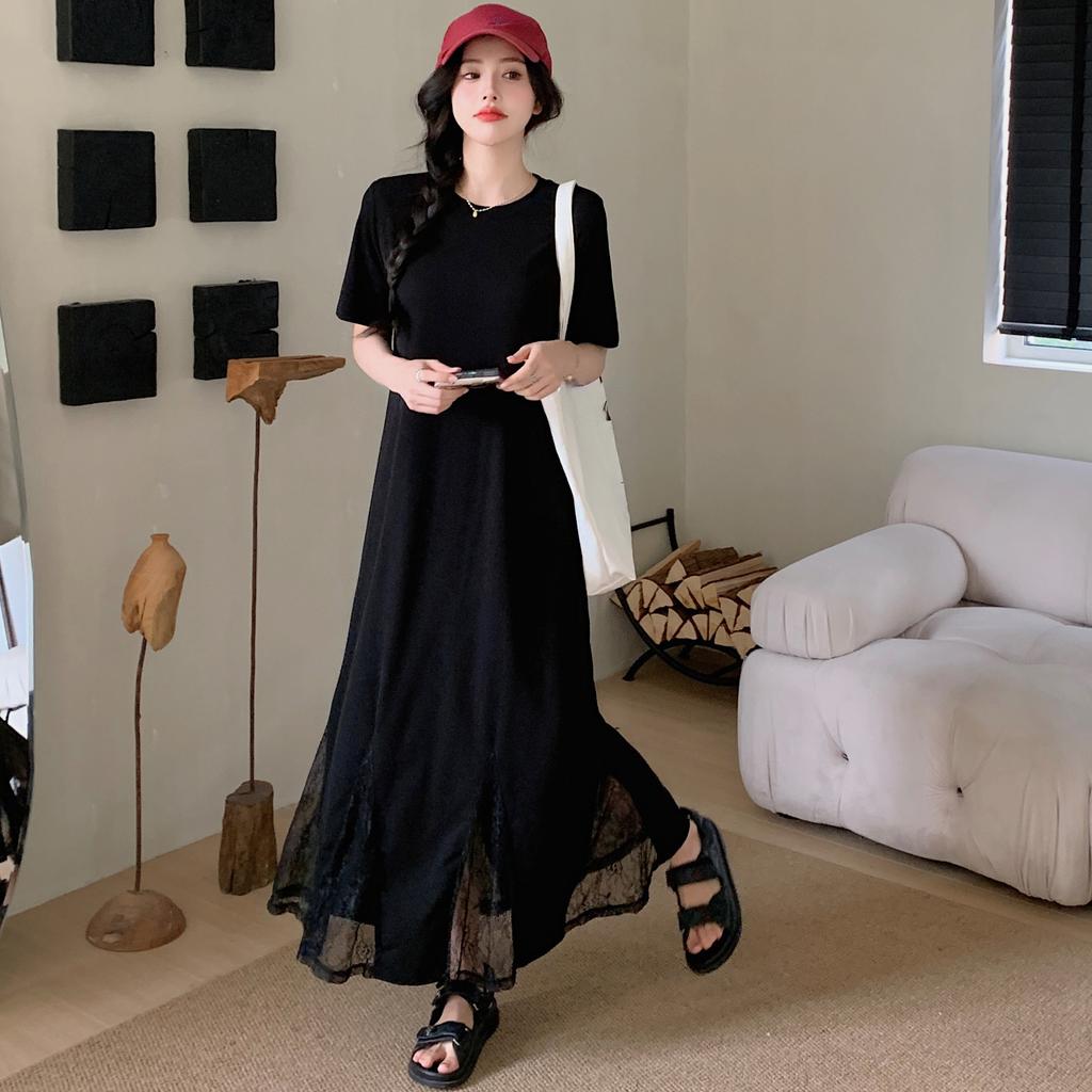 Dimanaf Vestido camisero largo informal de manga corta con encaje, holgado y plisado, talla grande, para mujer, verano 2025