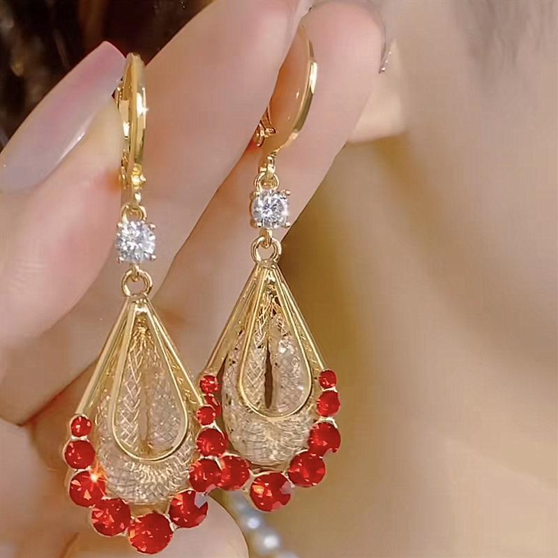 Elegant Gold Mesh Teardrop Earrings with Brown Crystals - Women's Luxury Fashion