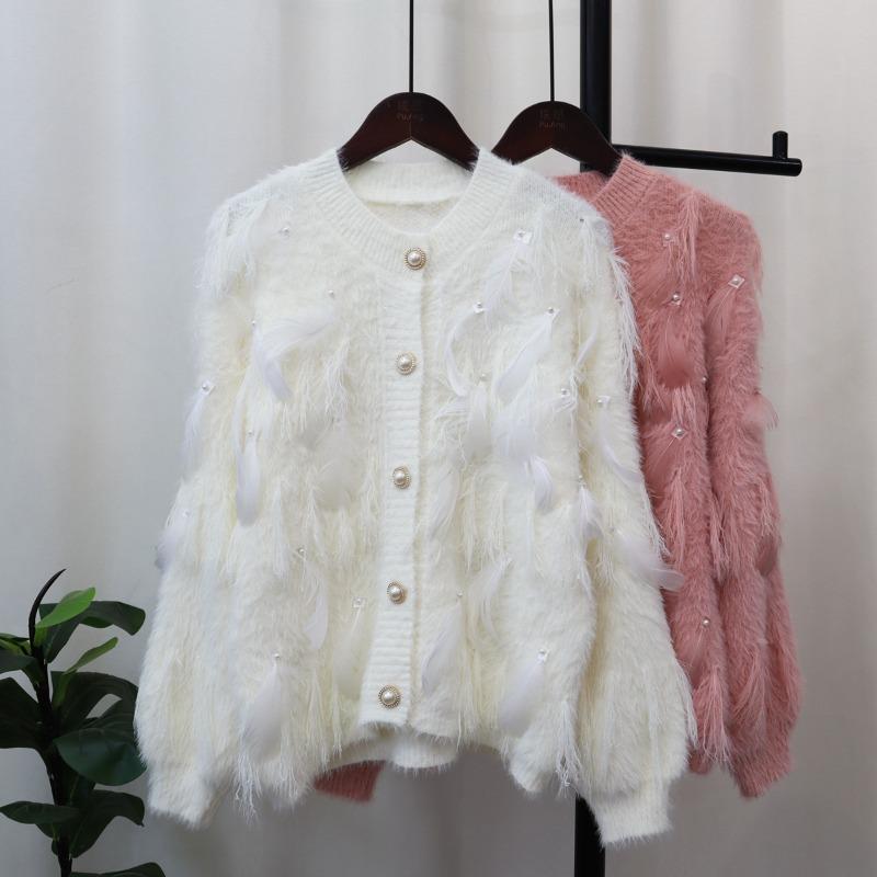 Autumn and Winter Imitation Mink Velvet Gentle Wind Design Feeling Feather Beads Fringed Knitted Cardigan Sweater Jacket Women