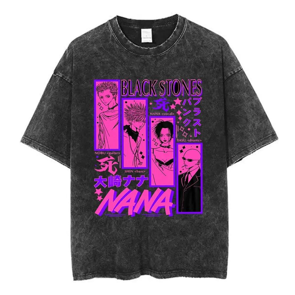 Vintage vyprané nadměrné tričko s krátkým rukávem s Nanou Osaki z mangy NANA, hrající na elektrickou kytaru s grafikou v punk rockovém stylu