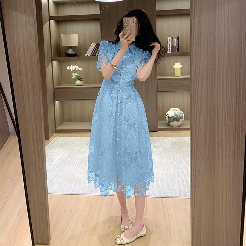 French Heavy Industry Lace Embroidered Lapel Single-breasted Waist Slim Dress Dress