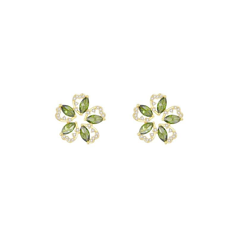Mori Style Olive Green Zircon Flower Ear Clips: Painless, No-Pierce Micro-Pavé Earrings.