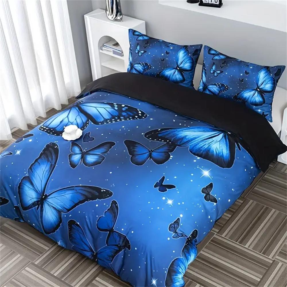 Fashion Blue Butterfly Print Duvet Cover Set - Soft, Comfortable, and Breathable Bedding Set for Bedroom and Guest Room