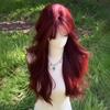 Mermaid Rose Red Long Curly Wig with Air Bangs for Women