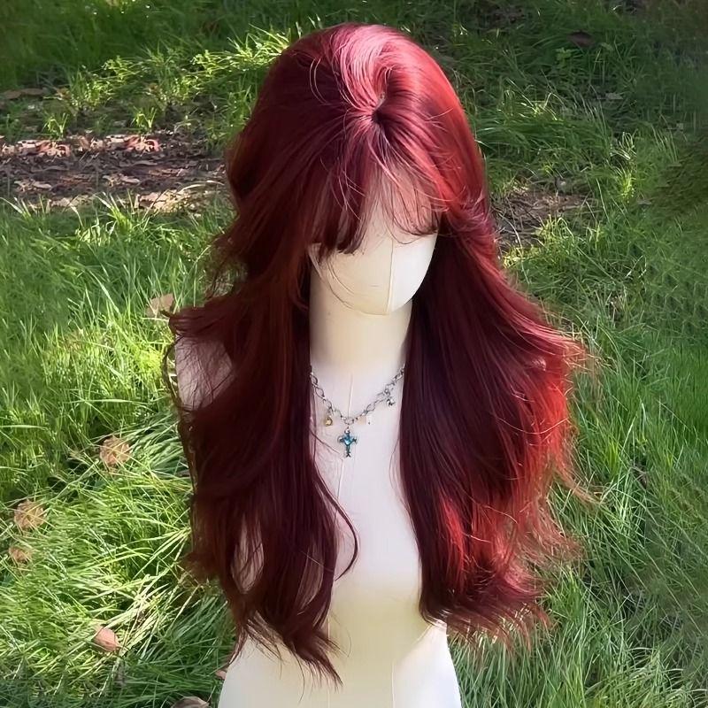 Mermaid Rose Red Long Curly Wig with Air Bangs for Women