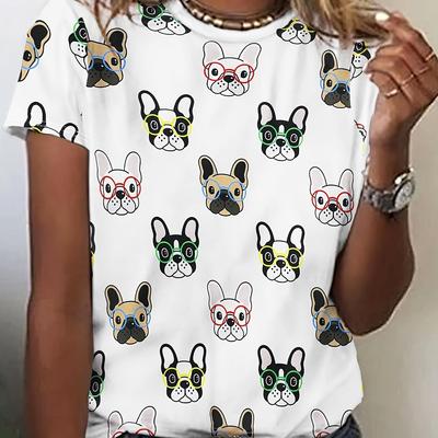 Lässiges T-Shirt mit kurzem Arm und Hundeaufdruck mit Rundhalsausschnitt für Sommer und Frühling, Damenbekleidung
