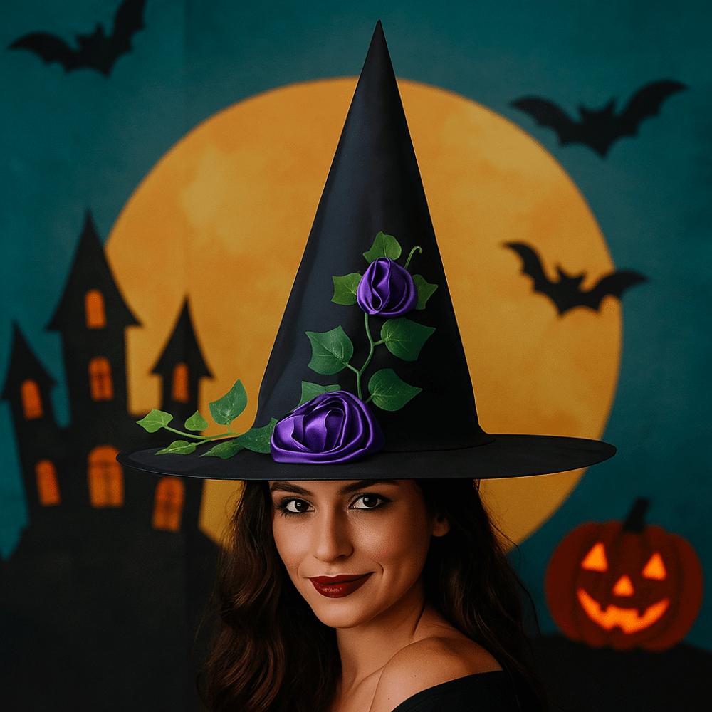 Foldable Flower Wizard Cap Rose Feather Halloween Cap Funny Halloween Witch Hat  Women