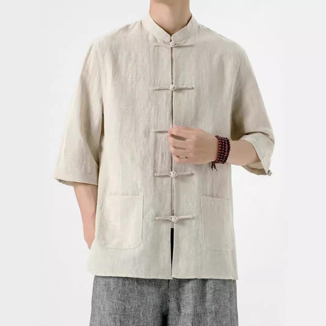 

Мужская льняная рубашка в китайском стиле, костюм в китайском стиле Тан, мужская рубашка из хлопка и льна с рукавом три четверти, летний воротник-стойка в стиле ретро M хаки