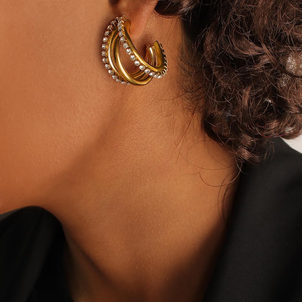 Elegant C-Shaped Diamond Stud Earrings: Women's Trendy Titanium Design
