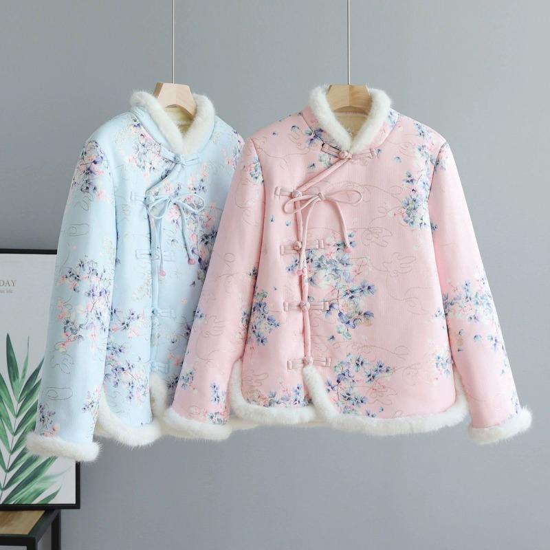 Retro Floral Large Padded Jacket for Women's Winter New Buckle Piled Thickened Padded Jacket